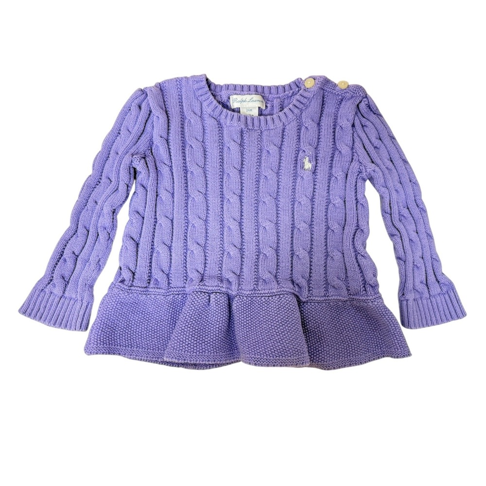 Ralph Lauren Peplum Sweater Girls 24M Purple Cable Knit Long Sleeve Cotton EUC
